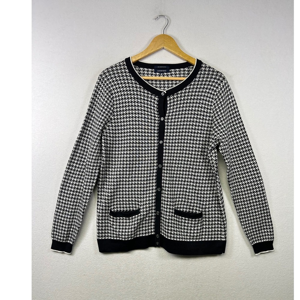 Lands End Cardigan Women‎ Large Black White Houndstooth Supima Cotton